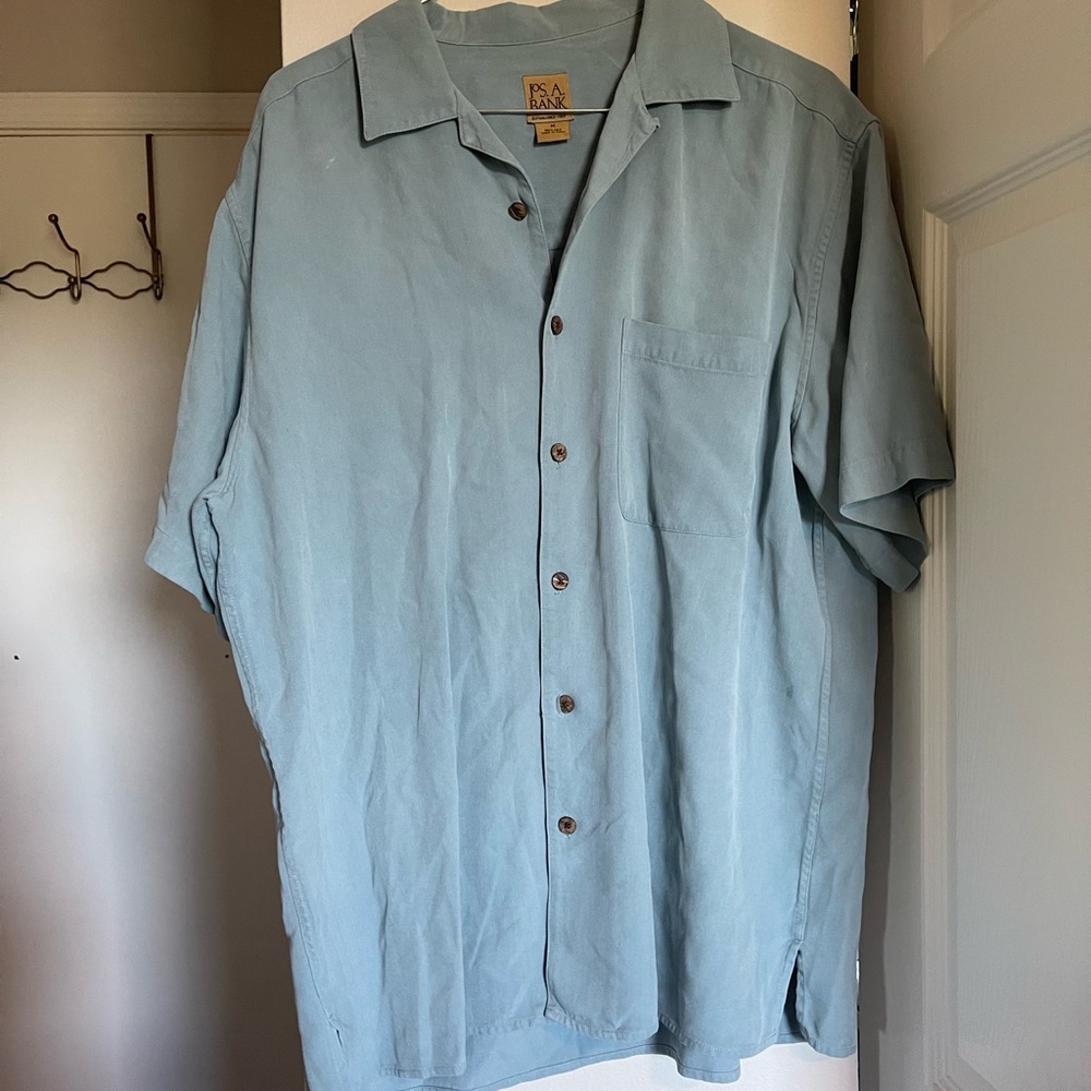 Jos. A. Bank. 100% Silk Button Up Shirt Soft Blue Color Relaxed Casual Fit